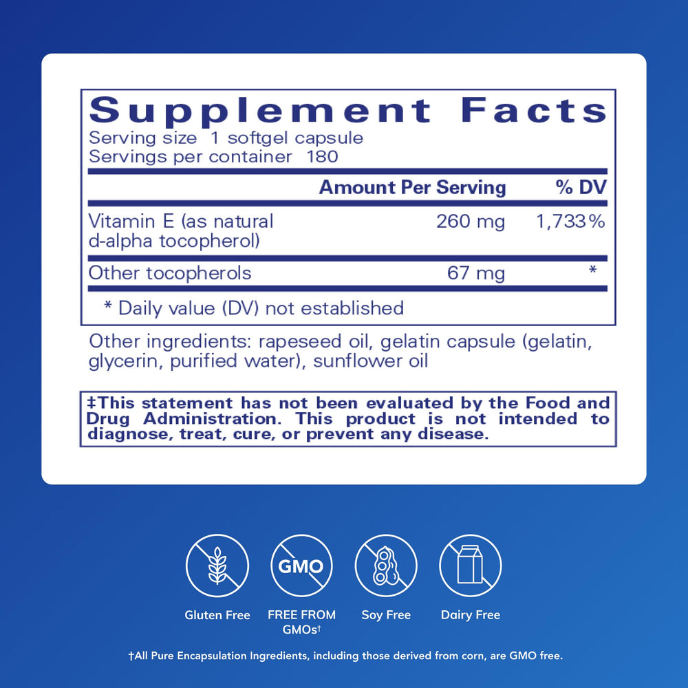 Close-up of Pure Encapsulations Vitamin E softgel pills for daily use.