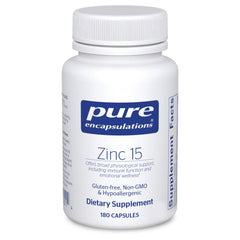 Pure Encapsulations Zinc 15 mg bottle shown for daily immune support.
