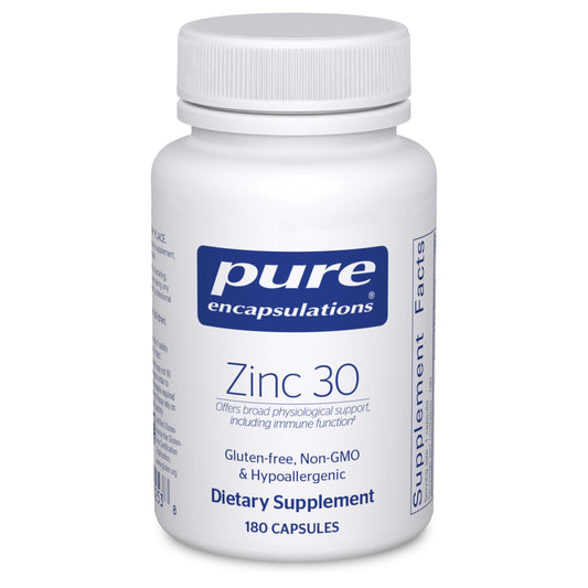 Pure Encapsulations Zinc 30 mg bottle on shelf, supports immune function.