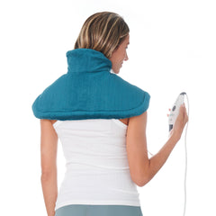 Pure Enrichment PureRelief neck and shoulder pad worn by model for targeted relief.