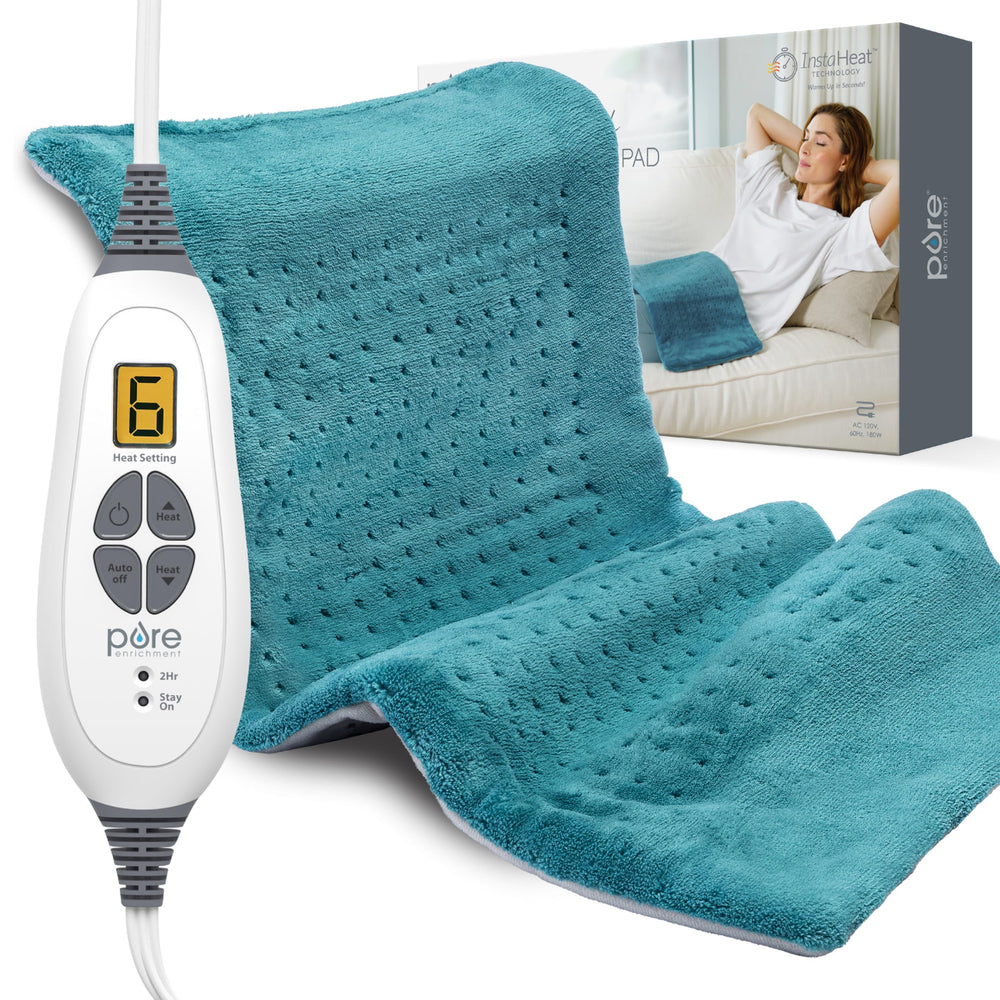 Pure Enrichment PureRelief XL heating pad covers full back and legs for targeted comfort.