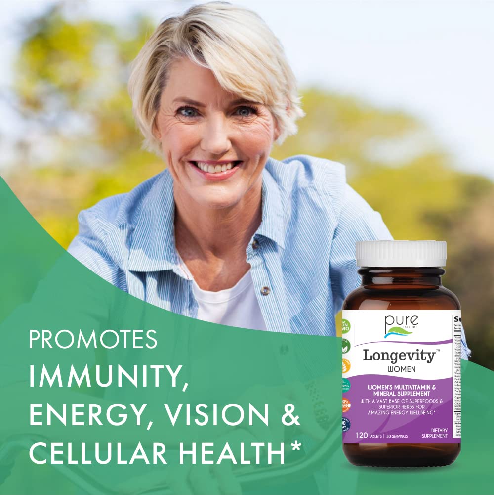 Visual of Pure Essence Labs Longevity SuperFood Complex with colorful ingredients