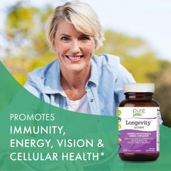 Visual of Pure Essence Labs Longevity SuperFood Complex with colorful ingredients