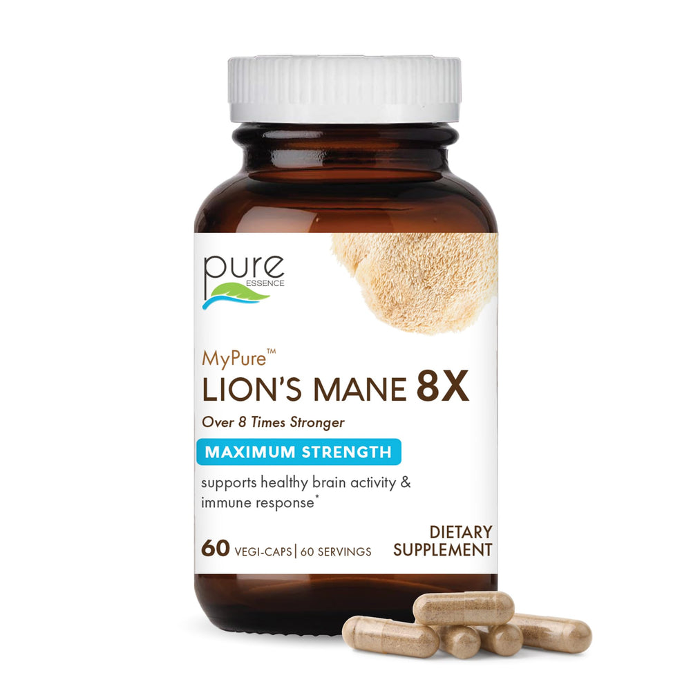 PURE ESSENCE LABS MyPure Lion's Mane 8X bottle offers premium cognitive support for focus.