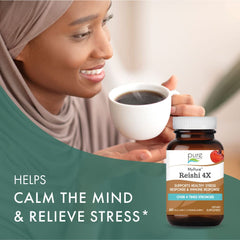 Pure Essence Labs MyPure Reishi 4X capsules on table suggest convenient daily use.
