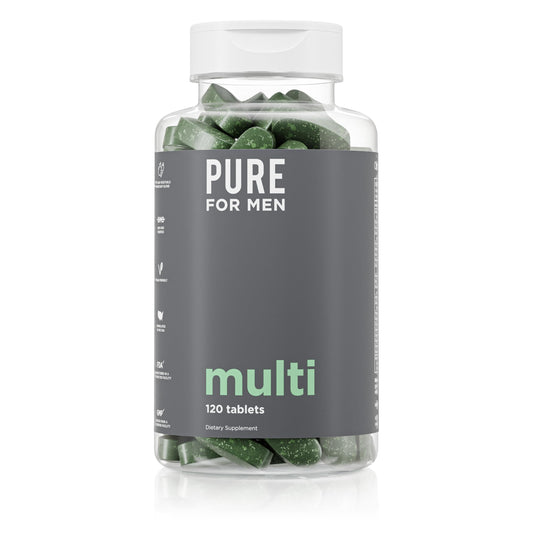 Pure for Men multivitamin bottle front highlighting energy support.
