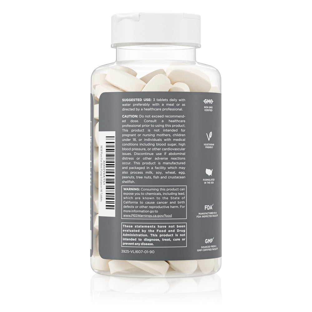 Pure for Men Pump Enhancer bottle with science panel highlighting L-Arginine and L-Citrulline