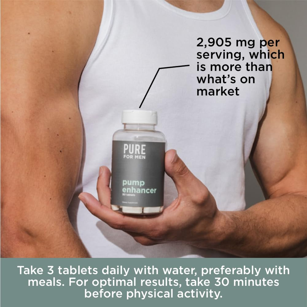 Pure for Men Pump Enhancer three-capsule serving shown for daily pre-workout