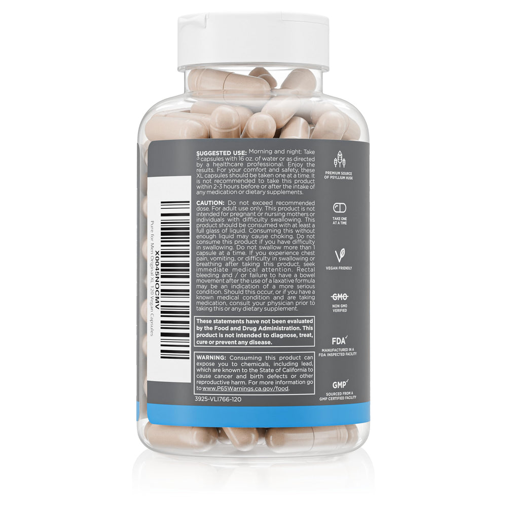 Pure for Men Stay Ready Fiber capsules closeup highlight vegan extra-strength fiber for regularity