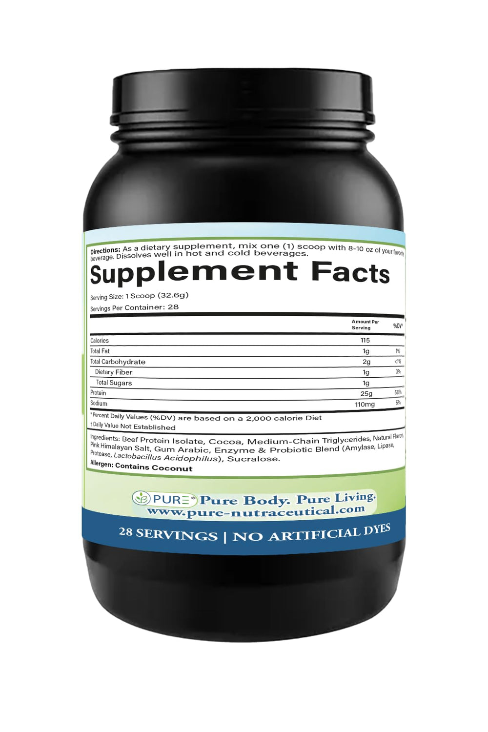 PURE grass-fed beef protein isolate chocolate bottle in shaker indicating smooth, creamy mix.