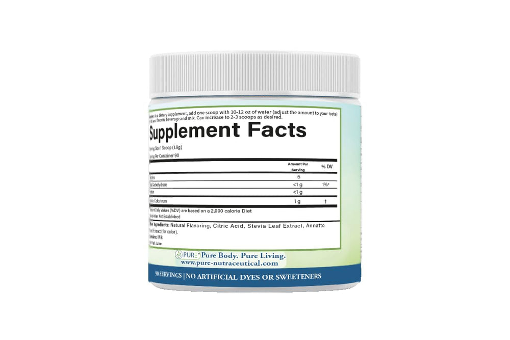 PURE Grass-Fed Colostrum Powder scoop with label for measured daily servings.
