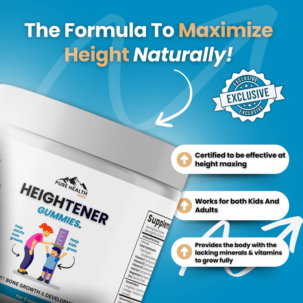 PURE HEALTH MAX Heightener bottle close-up emphasizes natural ingredients