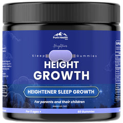 Pure Health Max Heightener bottle closeup showing premium gummy design for daily growth support