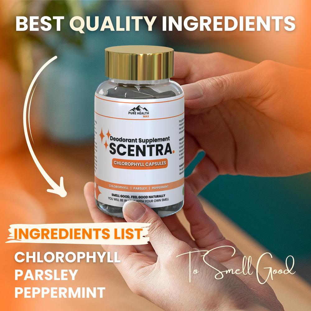 PURE HEALTH MAX Scentra capsules close-up emphasizes compact daily support.