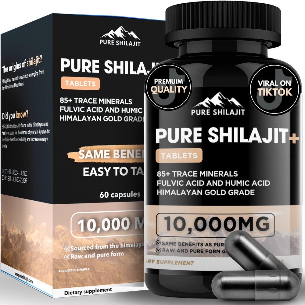 Pure Himalayan Shilajit Capsules bottle closeup showing pure resin formula for daily energy.