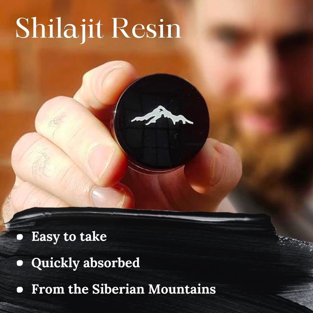 Amber glass bottle with Pure Himalayan Shilajit label for purity.