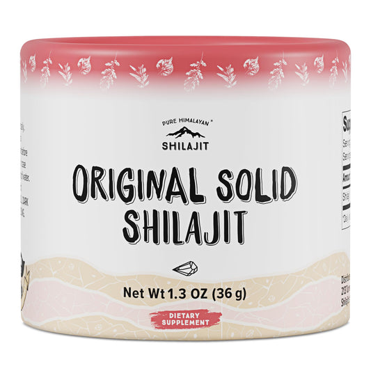 Pure Himalayan Shilajit solid packaging shows a 36g jar for easy daily use.