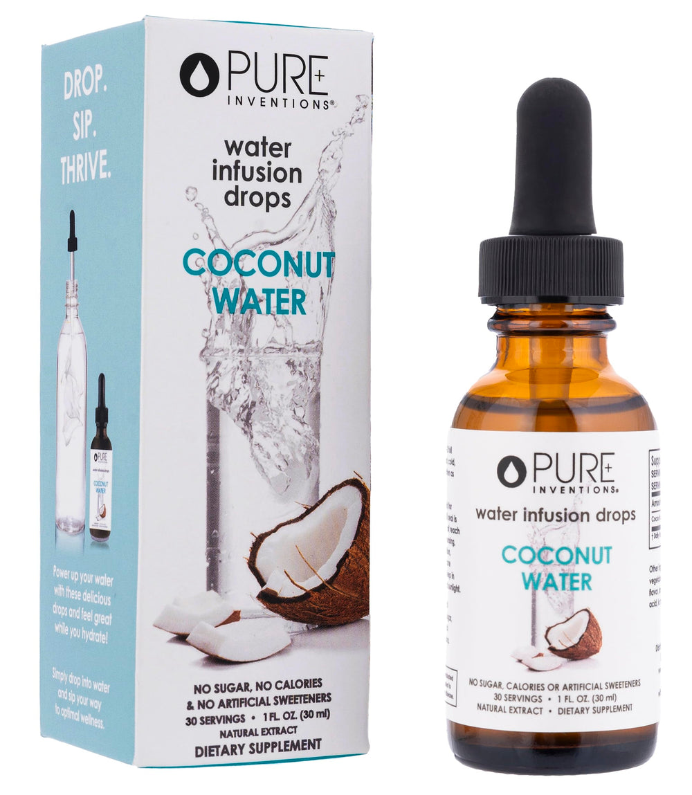 Pure Inventions Coconut Water Infusion Drops bottle front, sleek glass packaging for healthy hydration.