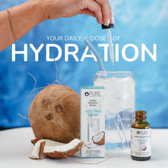 Natural ingredients highlight coconut juice extract and Stevia for clean sweetness.