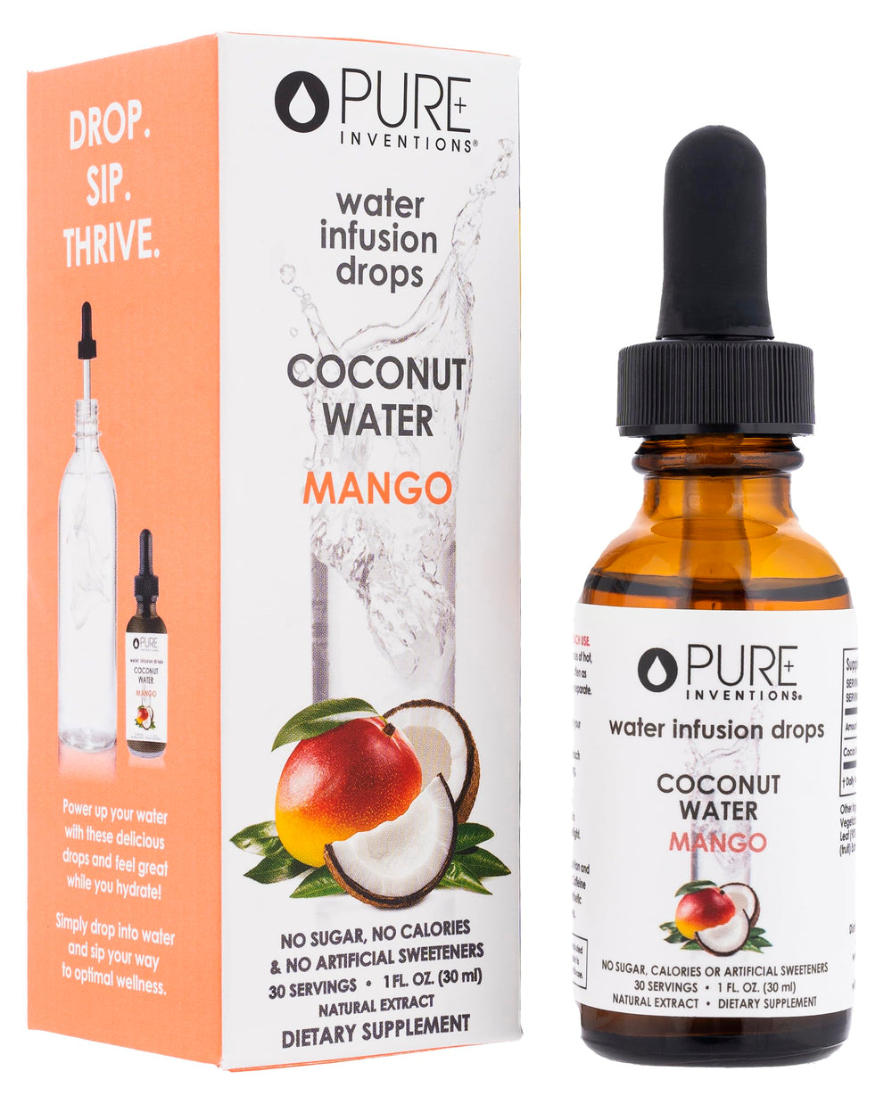 Pure Inventions Mango Coconut Water Infusion Drops bottle with electrolytes for all-day hydration