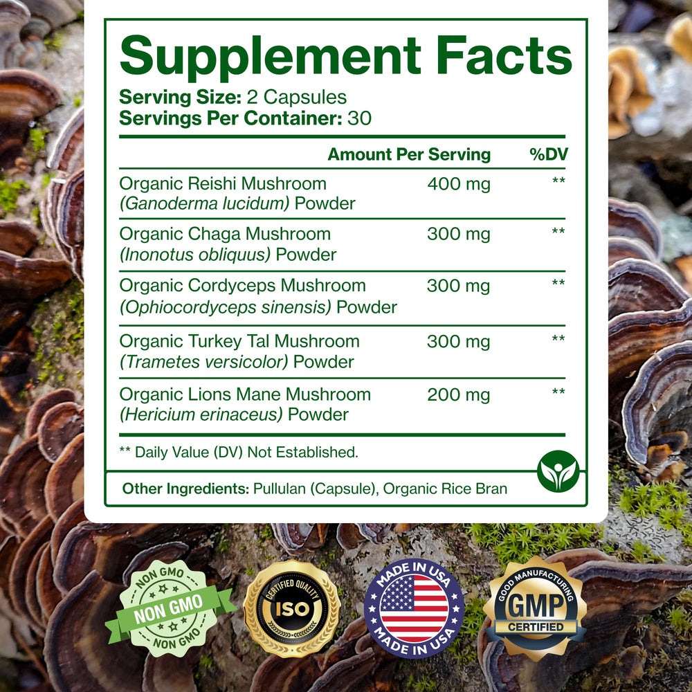 Pure Micronutrients mushroom-complex label showcases 5-species formula.