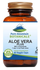 Pure Mountain Botanicals Aloe Vera Plus capsules bottle front view, digestion-friendly formula