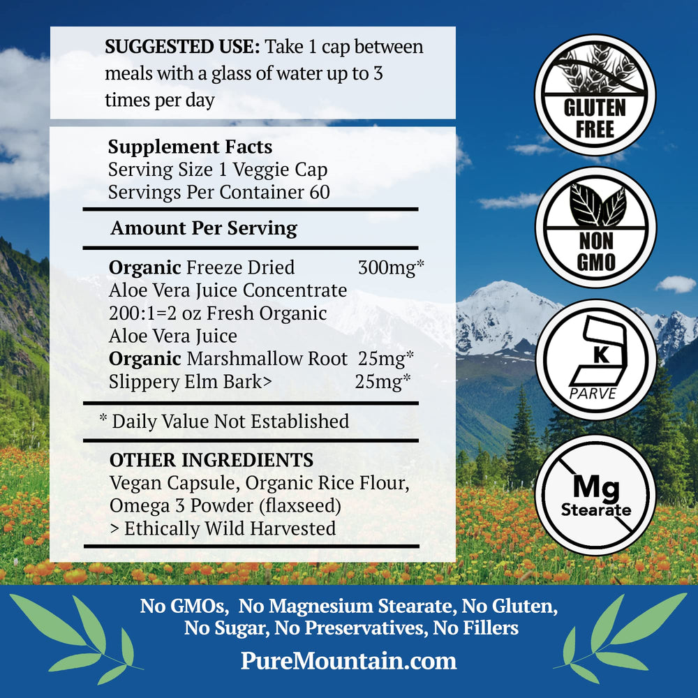 Pure Mountain Botanicals Aloe Vera Plus label close-up highlighting kosher organic ingredients