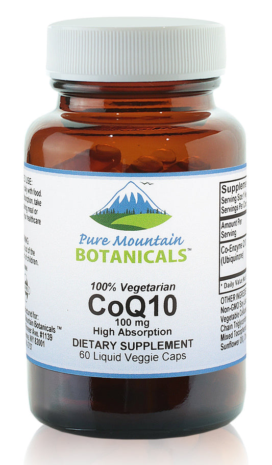 Pure Mountain Botanicals CoQ10 softgel bottle front for daily wellness.