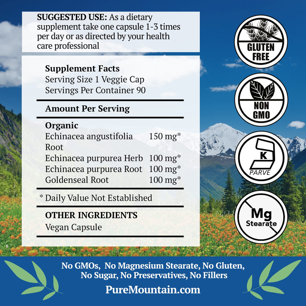 Pure Mountain Botanicals Echinacea Goldenseal capsules label close-up shows organic ingredients.