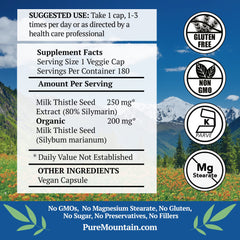 Pure Mountain Botanicals milk thistle capsules, kosher vegan formula.