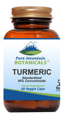 Pure Mountain Botanicals turmeric capsules bottle front, vegan and kosher daily wellness support.