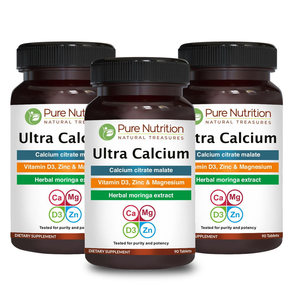 Pure Nutrition Ultra Calcium bottle label with calcium citrate malate and vitamins for daily support.