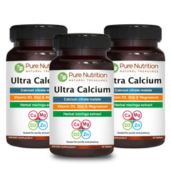 Pure Nutrition Ultra Calcium bottle label with calcium citrate malate and vitamins for daily support.