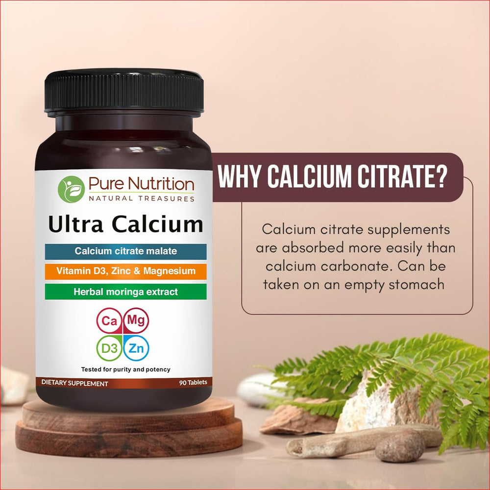 Pure Nutrition Ultra Calcium bottle on kitchen shelf ready for daily meals.