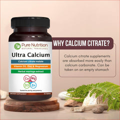 Pure Nutrition Ultra Calcium bottle on kitchen shelf ready for daily meals.