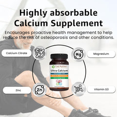 Pure Nutrition Ultra Calcium bottle features moringa imagery for natural wellness.