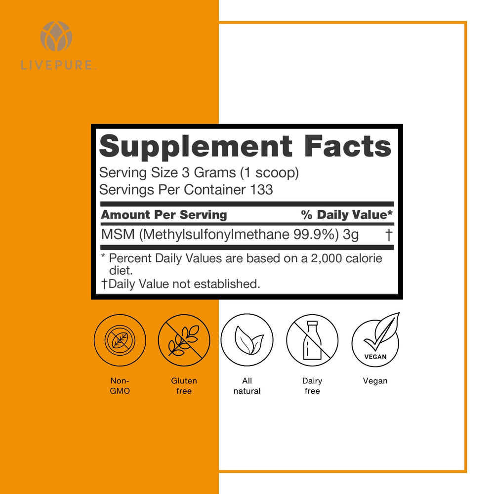 PURE Organic Sulfur Powder packaging emphasizes vegan non-GMO gluten-free benefits