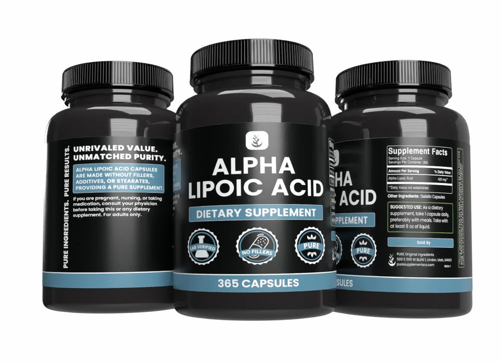 Purity seal on Pure Original Ingredients Alpha Lipoic Acid bottle for confidence.