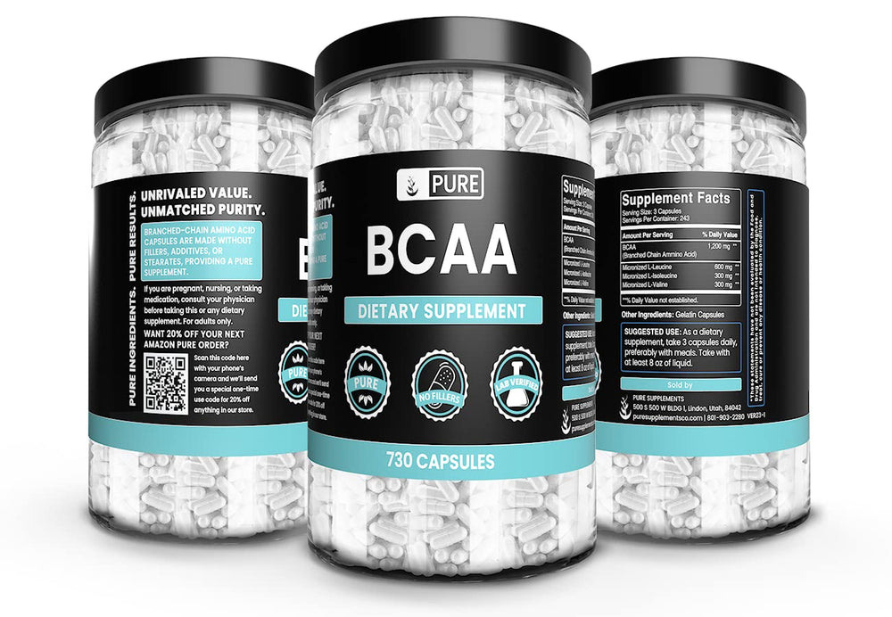 Close-up of BCAA capsules displaying pure amino acid blend