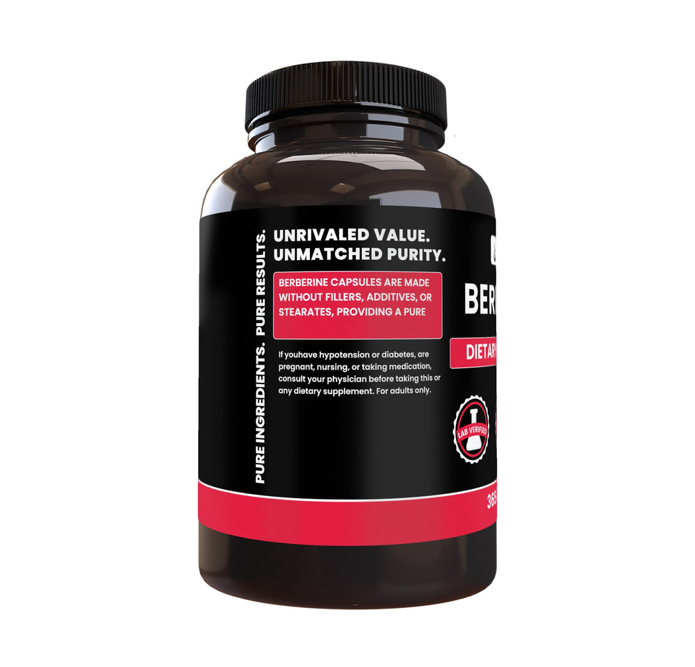 Pure Original Ingredients Berberine capsules label highlights no fillers.
