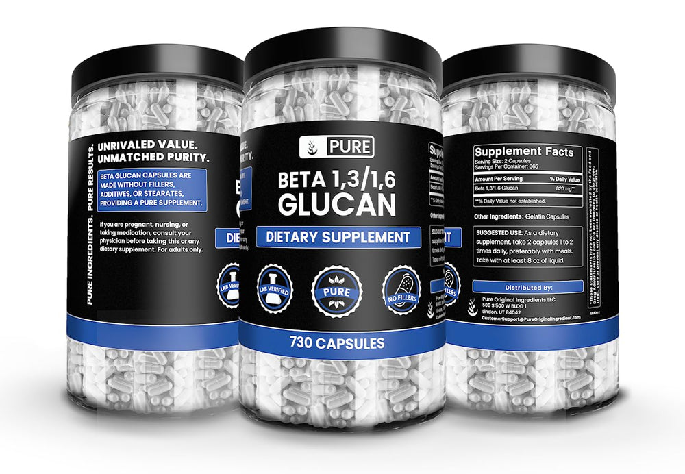 Pure Original Ingredients Beta Glucan capsules pile, ready for daily supplementation.