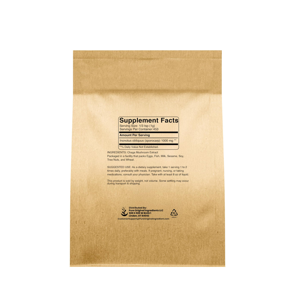 Pure Original Ingredients Chaga Extract Powder with scoop ready to mix into beverages.