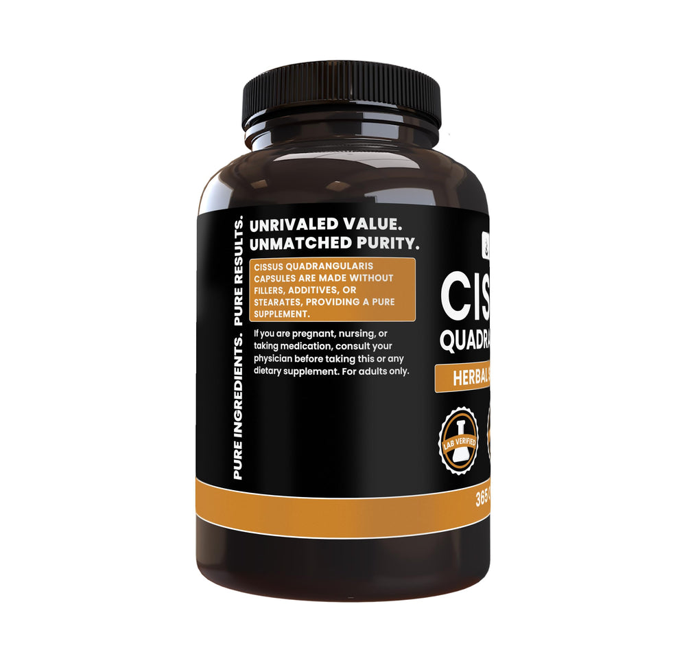 Pure Original Ingredients Cissus Quadrangularis label highlights no fillers and lab-verified quality.