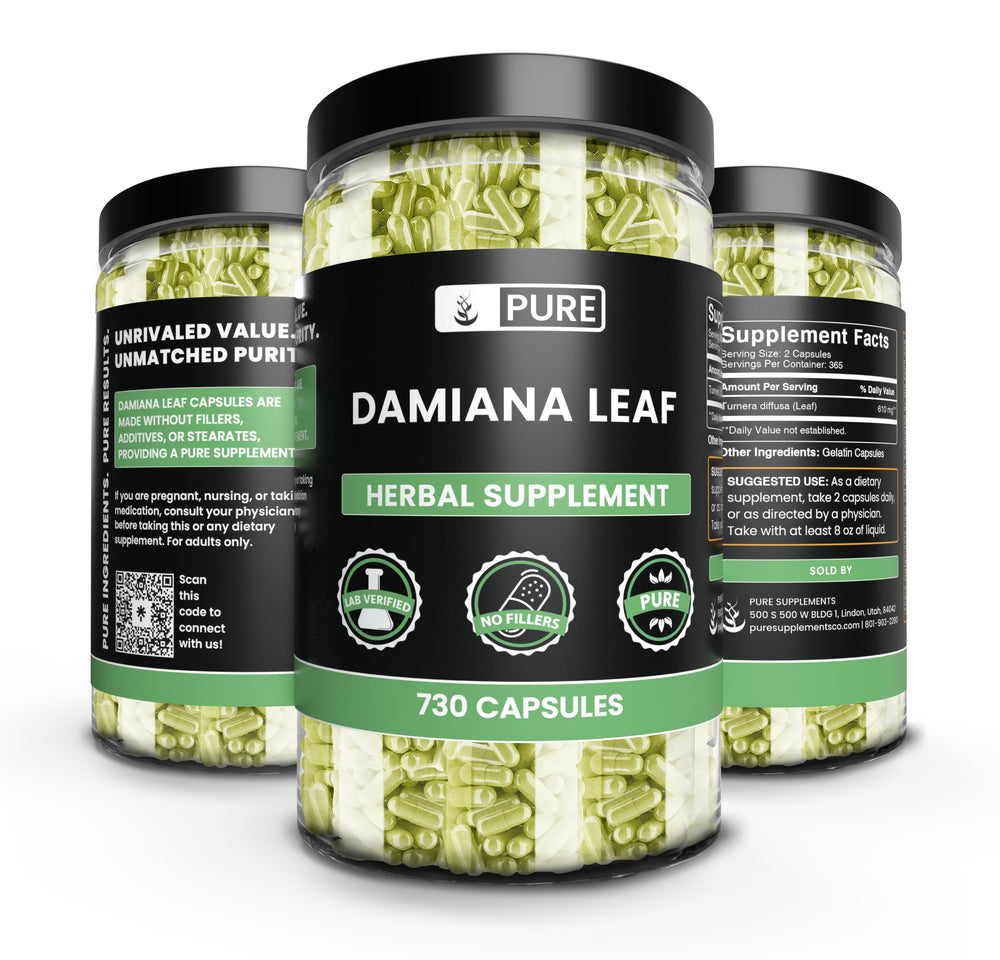 Pure Original Damiana leaf capsules pour showing simple, pure presentation.