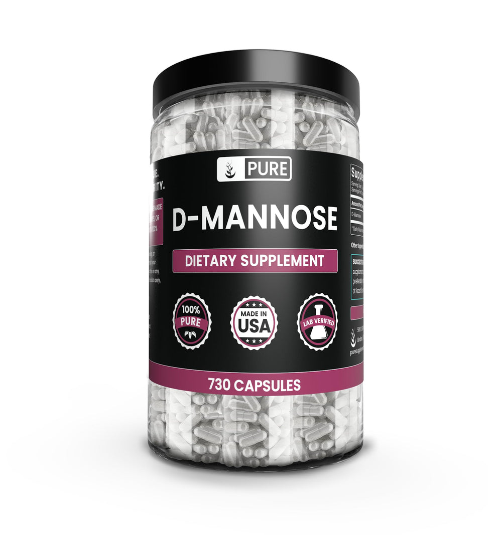 PURE ORIGINAL INGREDIENTS D-Mannose bottle front with pure single-ingredient capsules for daily use