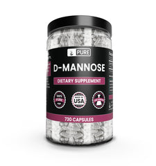 PURE ORIGINAL INGREDIENTS D-Mannose bottle front with pure single-ingredient capsules for daily use