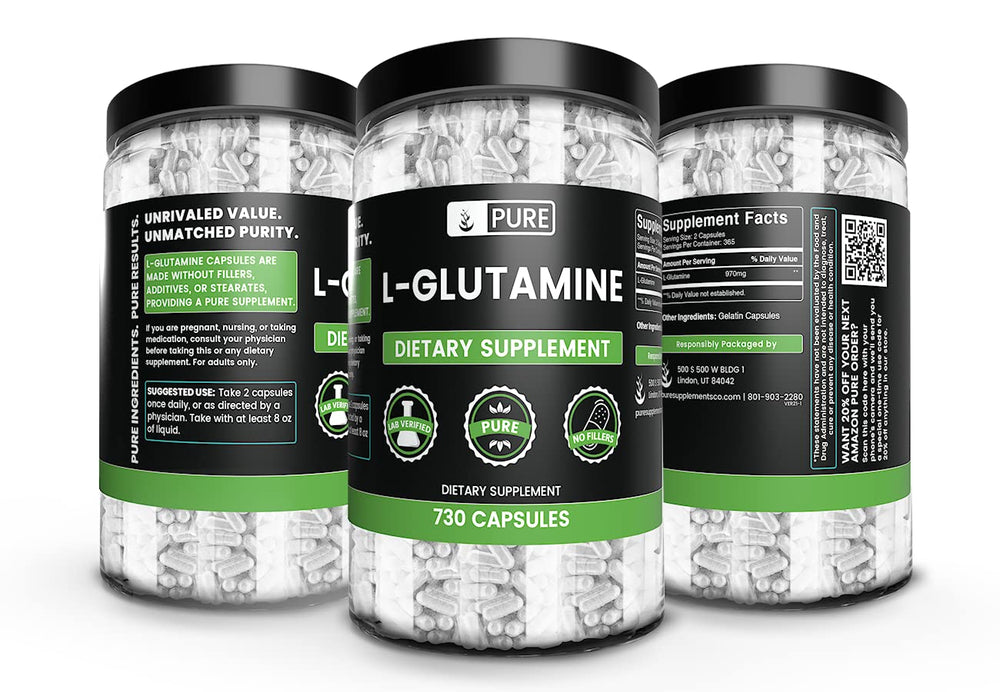 L-Glutamine capsules close-up showing filler-free formula