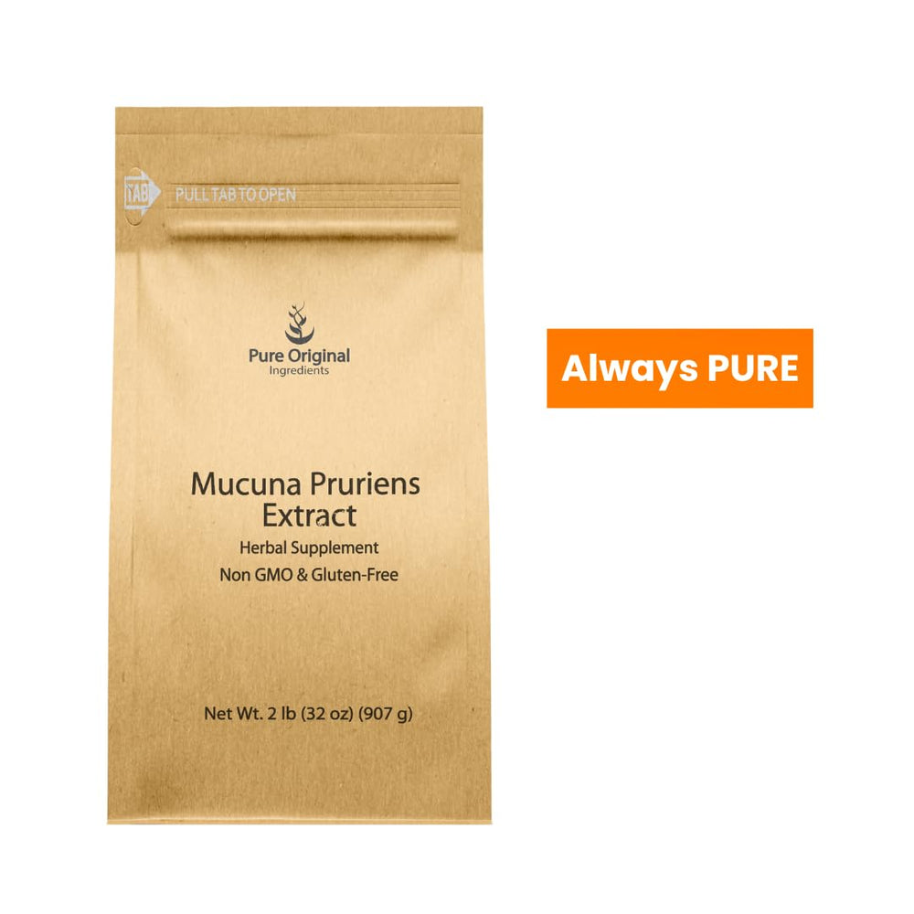 Pure Original Ingredients Mucuna Pruriens powder jar label highlights non-GMO and gluten-free attributes.