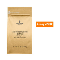 Pure Original Ingredients Mucuna Pruriens powder jar label highlights non-GMO and gluten-free attributes.