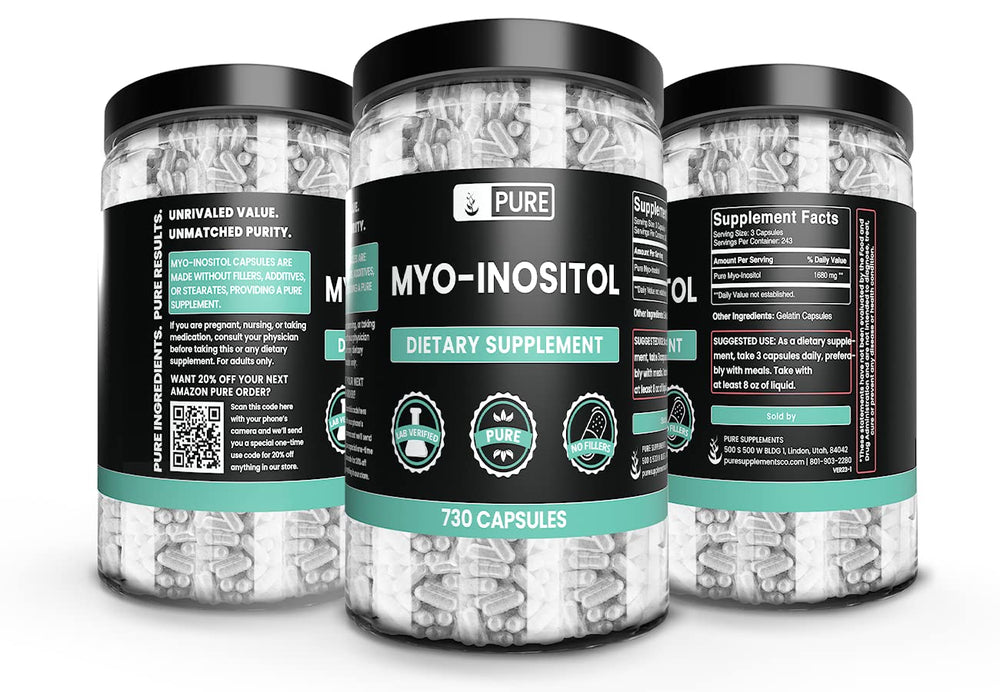 Side-view bottle showing six months of supply in Pure Original Ingredients Myo-Inositol.